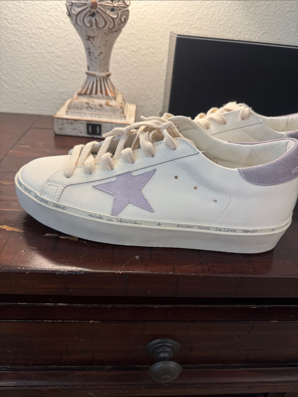 Golden Goose White Leather Sneakers with Lavender Star Accent